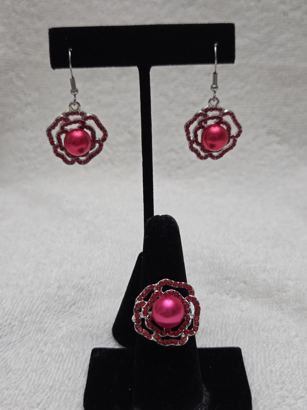 Simulated Red Pearl & Red Austrian Crystal Rose Earrings and Ring Set